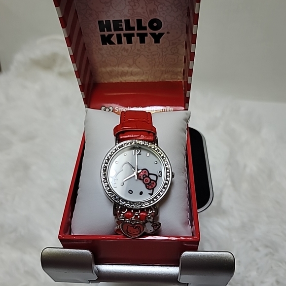 Hello Kitty Watch Silver Crystal Bezel Kitty Charms Red Leather Strap Bl… - Picture 2 of 7